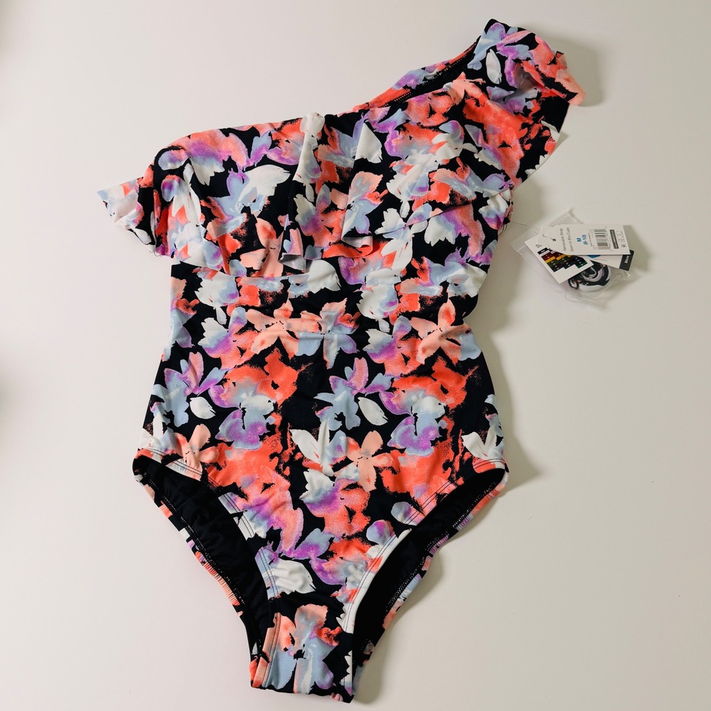 Time and Tru Womens‎ One Shoulder Ruffle One Piece Swimsuit Floral Black M 8-10